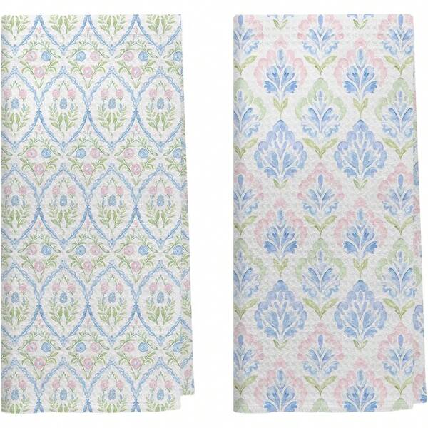 2pcs 16x24 Inch Grandmillennial Pink And Blue Floral Kitchen Dish Towels, Cottagecore Pink And Green Flower Decorative Hand Towels For Bathroom Kitchen, Grand Millenial Bathroom Decor, For Birthday Anniversaries, Valentine's Day, Thanksgiving