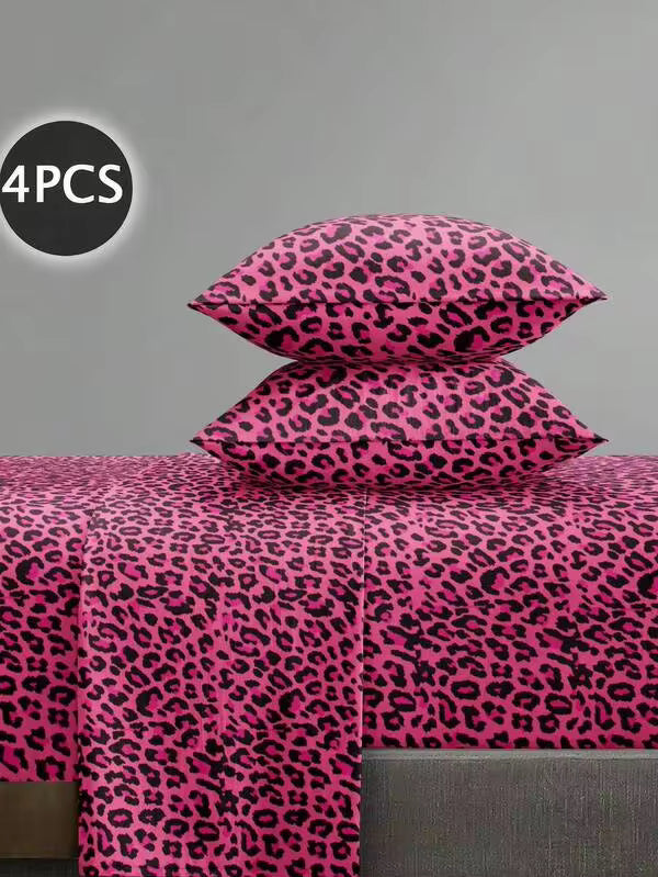 4-Piece Deep Pink Leopard Print Bedding Set, Includes 1 Fitted Sheet, 1 Flat Sheet, 2 Pillowcases (Pillow Inserts Not Included). Suitable For King, Queen, Full, Twin Sizes, Mattress Depth Up To 11.8 Inches. Soft, Breathable, Wrinkle-Resistant,