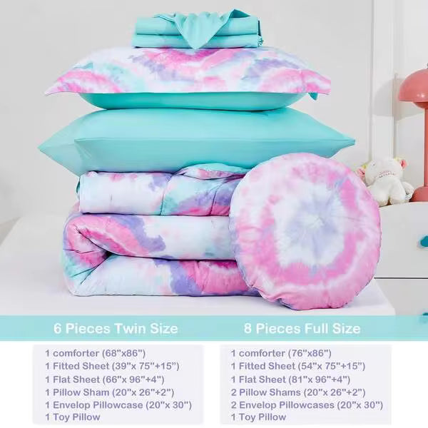 VIVILAND 6/8 Pieces Children's Quilt Set , Ultral Soft Microfiber Kids Bed Set,Deep Pink Round Flower Comforter Sets For Girls/Boys Kids, Twin/Full Comforter Set For Girls/Boys